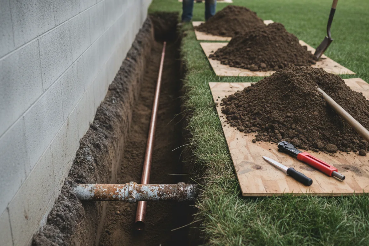 Excavated water line trench during Sewer Line Repair in Ridgefield